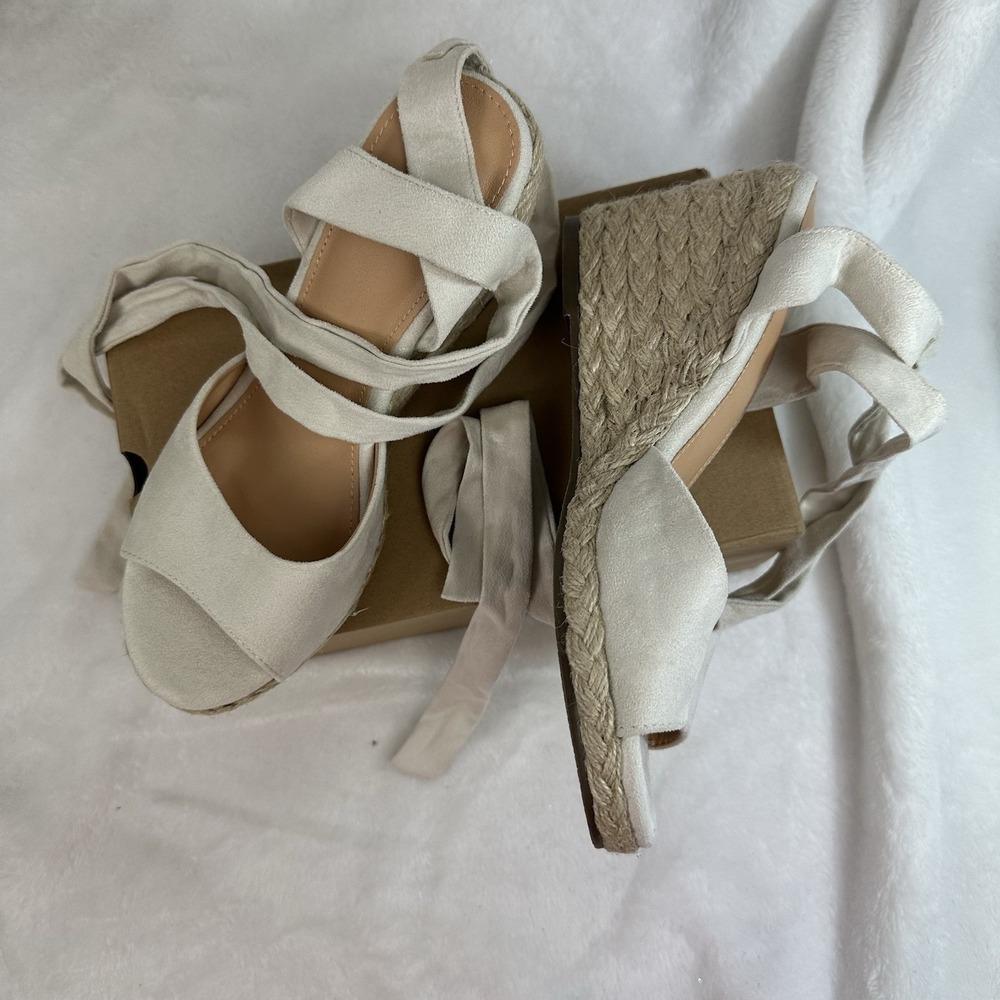 Unbranded Womens Ivory Suede Lace Up Platform Wedge Espadrille Sandals Shoes 8.5